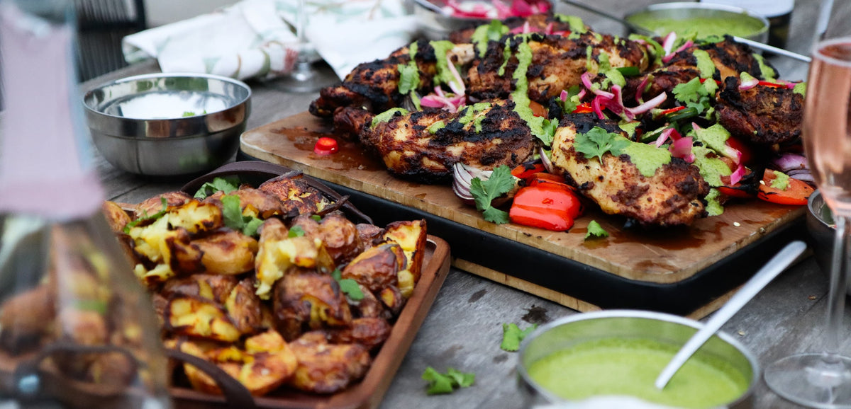 Tandoor chicken with fire roasted veg, coriander chutney and raita
