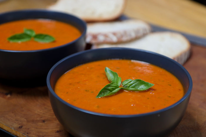 Smoked tomato soup with crusty white bread
