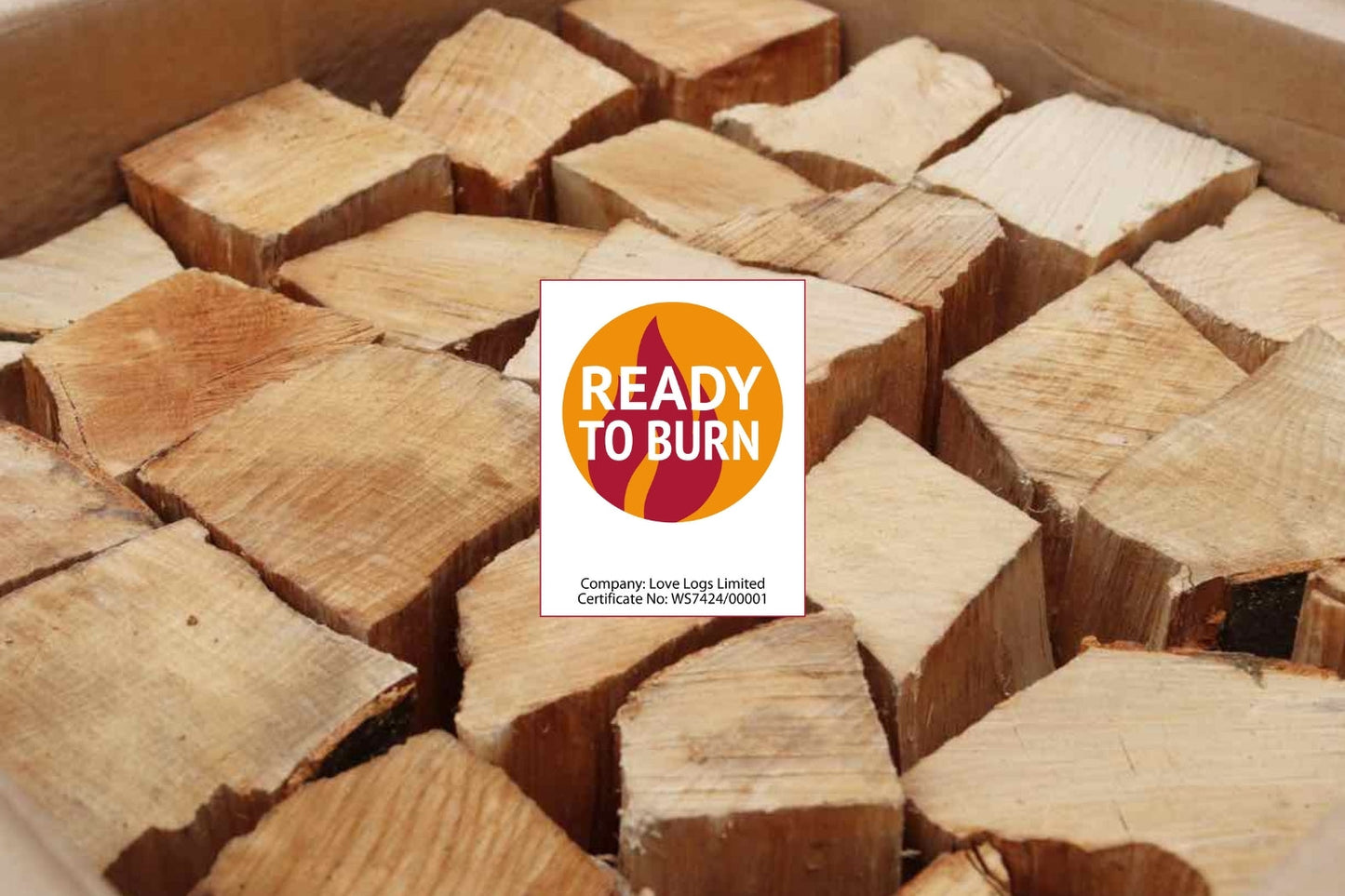 Box of Love Logs Ready to Burn logs with Ready to Burn logo