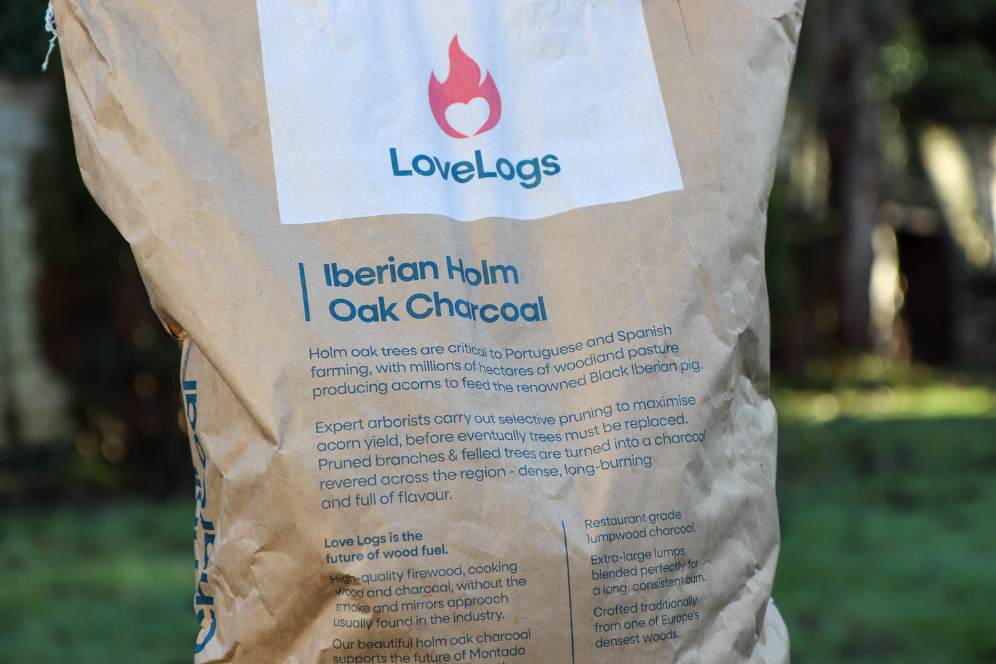 Back of the Love Logs Long Burning Iberian Holm Oak Charcoal bag