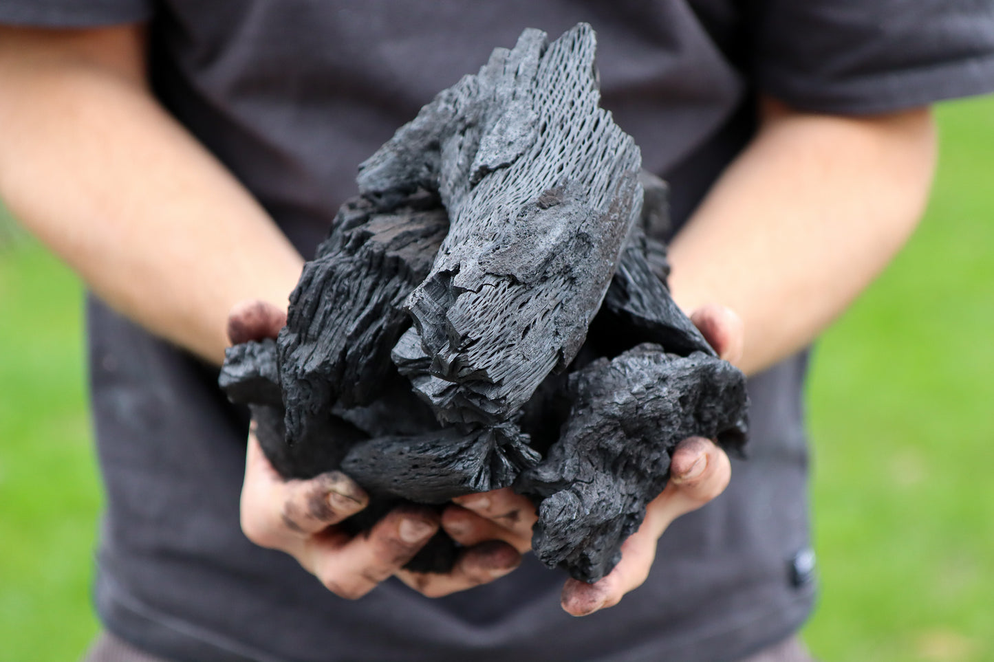 Large lumps of long burning holm oak charcoal in Paul's hands